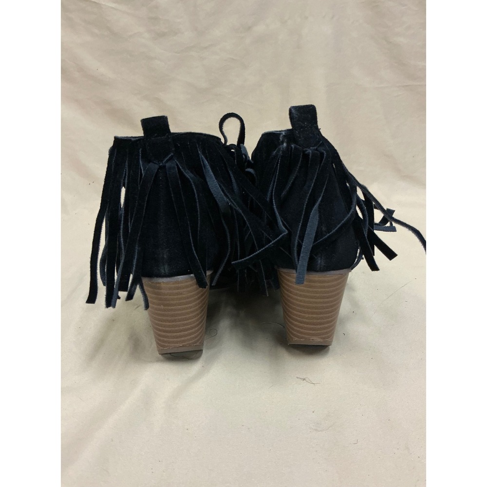 Beast Fashion Black Suede Fringe Ankle Boots Pointed Toe Stacked Heel Booties - Picture 2 of 4